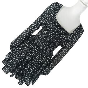 NWOT! TRIXXI! BLACK, WHITE PETIT FLOWERS, RUCHED WAIST, RUFFLED DRESS! SZ L